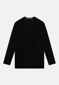 Dlhý rukáv Nike Pro, čierny, s kruhovým výstrihom, raglánovými rukávmi a hladkou textúrou. Na chrbte sa nachádza logo značky na golieri.