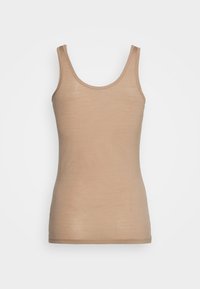 Lys brun tanktopp laget av glatt, elastisk stoff. Har rund halslinning og tynne stropper, med en tettsittende fasong og uten mønstre.