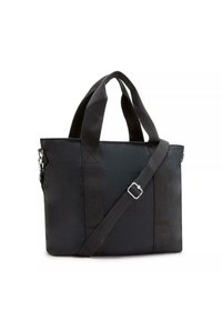 Black tote bag with dual top handles and an adjustable shoulder strap. Features a textured fabric and silver-colored hardware accents.