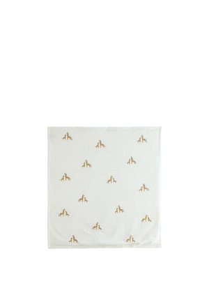 White square cloth featuring a repeated pattern of small brown and beige giraffe illustrations evenly spaced across the fabric.