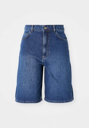 Shorts en denim bleu foncé, avec un design taille haute, cinq poches et des coutures contrastées. Ourlet brut en bas.