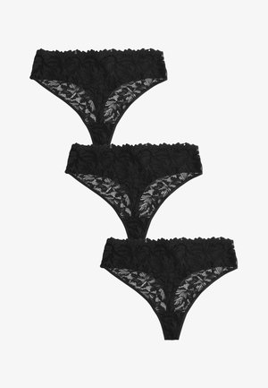 Tre perizomi in pizzo nero impilati verticalmente, con motivi floreali in pizzo e bordi smerlati.