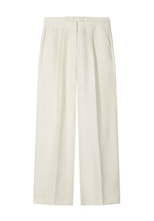 Cream wide-leg trousers with front pleats, elastic waistband, side pockets, and a relaxed fit.