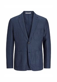 Blazer en lin bleu marine avec un bouton unique, deux poches avant, revers crantés et coupe ajustée. Texture lisse, intérieur non doublé.