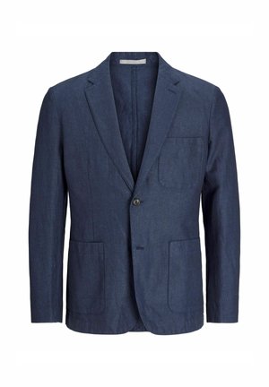 Navy blue linen blazer with a single button closure, two front pockets, notched lapels, and a tailored fit. Smooth texture, unlined interior.