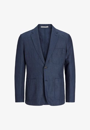 Blazer de lino azul marino con cierre de un solo botón, dos bolsillos frontales, solapas con muesca y un ajuste entallado. Textura suave, interior sin forrar.