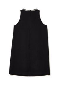 Abito senza maniche di colore nero con colletto ricamato a fiori, zip sul retro e una linea dritta con una texture morbida.