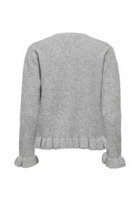 Pull en tricot gris clair à manches longues avec des poignets et un ourlet volantés, présenté de l'arrière sur un fond blanc.