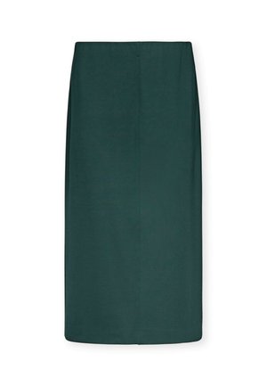 Mørkegrøn blyantskirt lavet af et glat stof, med en lige silhuet, mellemlang længde og en skjult lynlås bagpå.