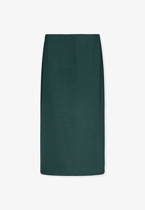 Dunkelgrüner Bleistiftrock aus einem glatten Stoff, mit gerader Silhouette, mittellangem Schnitt und einem verdeckten Reißverschluss im Rücken.