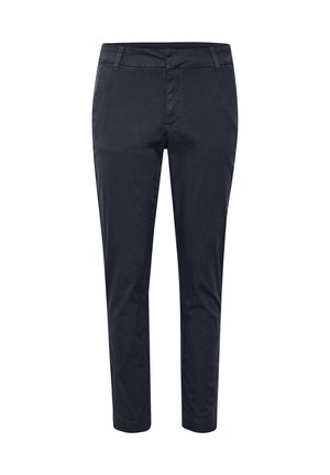 Schmal geschnittene marineblaue Herrenhose mit Gürtelschlaufen, vorderem Reißverschluss und Seitentaschen, vor weißem Hintergrund präsentiert.