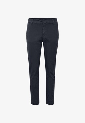 Schmal geschnittene marineblaue Herrenhose mit Gürtelschlaufen, vorderem Reißverschluss und Seitentaschen, vor weißem Hintergrund präsentiert.