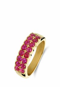 Gouden ring met een band die is versierd met een rij ovale roze edelstenen, met een gladde oppervlakte en gegolfde details langs de randen.