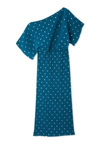 Φόρεμα τιρκουάζ με ασύμμετρο, φαρδύ κοντό μανίκι. Διαθέτει υφή με λευκές και χρυσές πουά. Ροή, μάκρος μέχρι τον αστράγαλο.