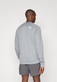 Light grey sweatshirt with long sleeves, ribbed cuffs, and hem. Features a small white logo on the back neckline. Worn with grey shorts.