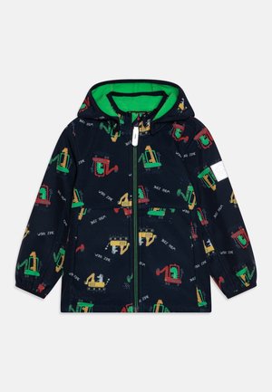 Veste enfant bleu marine avec doublure verte, fermeture éclair devant, capuche, et motif multicolore de véhicules de chantier et "Work Zone" sur l’ensemble.