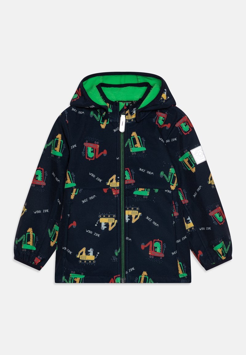 Veste enfant bleu marine avec doublure verte, fermeture éclair devant, capuche, et motif multicolore de véhicules de chantier et "Work Zone" sur l’ensemble.