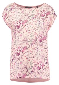 Blouse à motif floral dans un rose doux avec des accents violets et verts. Encolure ronde, manches courtes et coupe décontractée. Tissu léger.