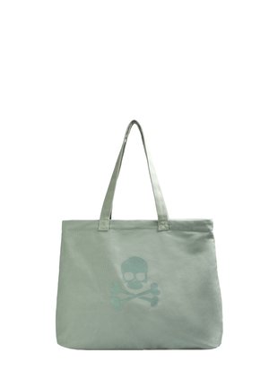 Canvas tote bag in light green, featuring a skull and crossbones design in a lighter shade. Two sturdy handles for easy carrying.
