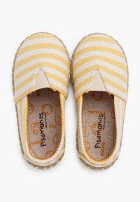 Espadrillas a righe gialle e bianche con pannelli elastici laterali, superiore in tela texturizzata e rivestimento in tessuto stampato. Design con suola piatta.