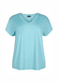 Vaaleansininen lyhythihainen V-pääntie T-paita sileästä puuvillasekoitekankaasta, jossa on pieni logotieto vasemmalla puolella.