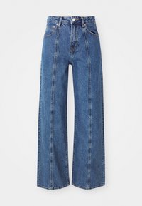 Blue wide-leg jeans made of denim, featuring a high waist, front pockets, and visible stitching down the legs.