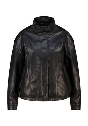 Veste en cuir noire avec col montant, boutons-pression à l'avant, manches longues et détails de couture verticale structurés.