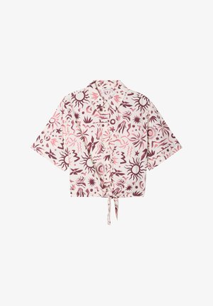 Chemisier court à manches courtes de couleur rose clair avec des motifs abstraits de soleil et de plantes en marron. Présente une fermeture à nouer à l'avant. Texture de tissu lisse.