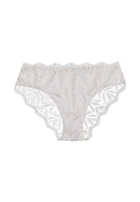 Koronkowe majtki w miękkim beżu z wzorami liści. Z falbaniastymi brzegami i półprzezroczystą teksturą, z delikatną koronką i elastycznym pasem.