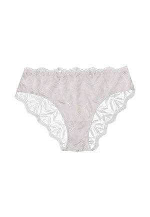 Koronkowe majtki w miękkim beżu z wzorami liści. Z falbaniastymi brzegami i półprzezroczystą teksturą, z delikatną koronką i elastycznym pasem.