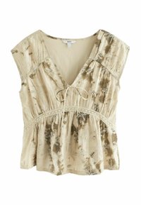 Beige bluse med V-hals, korte ærmer, samlet talje, dekorativ spids, og blomsterbroderimønstre i mørkere toner.