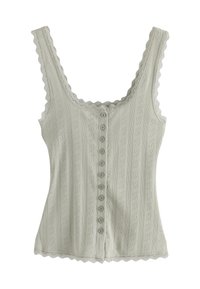 Top in tessuto verde chiaro con bordi scallopati, delicate righe verticali testurizzate e chiusura a bottoni frontale. Materiale morbido con un design aderente.