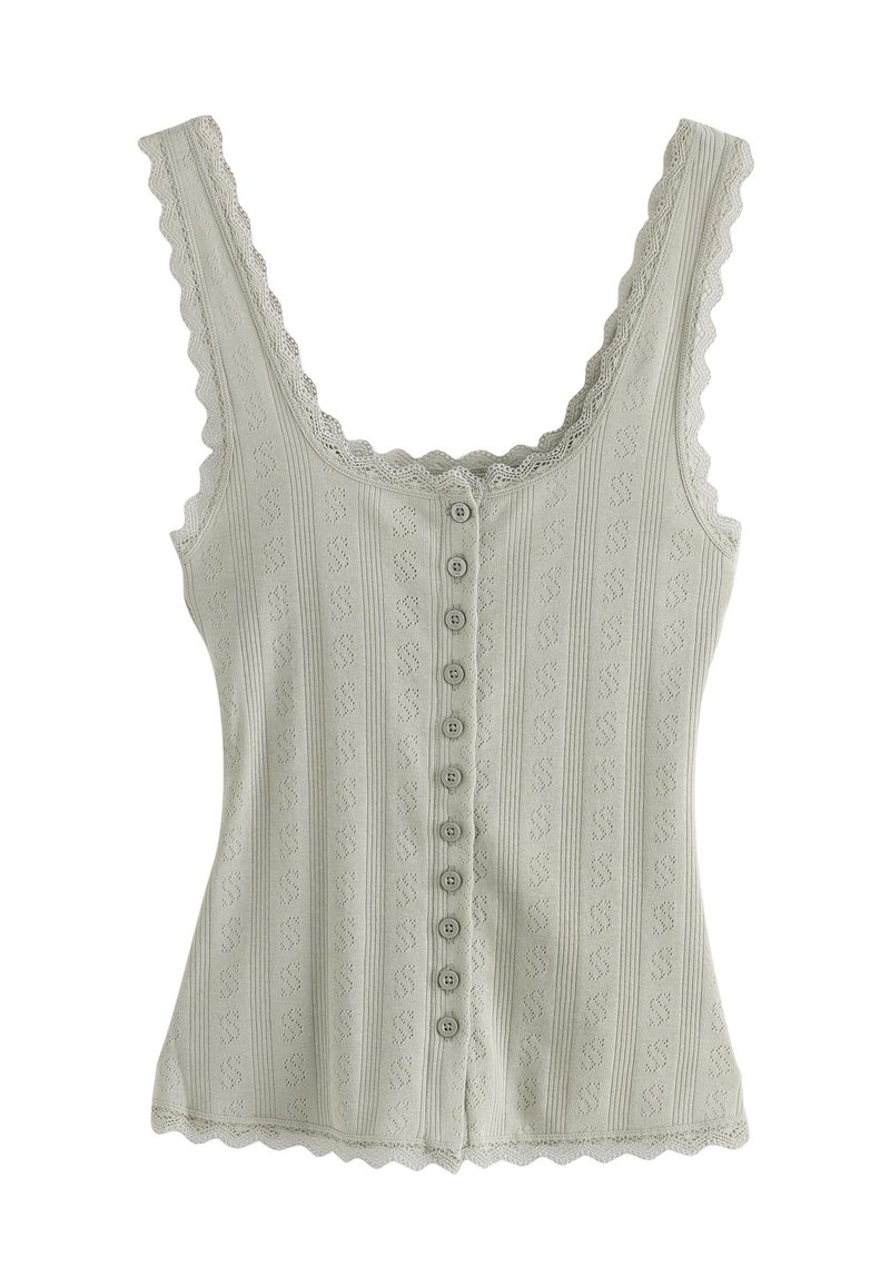Top in tessuto verde chiaro con bordi scallopati, delicate righe verticali testurizzate e chiusura a bottoni frontale. Materiale morbido con un design aderente.