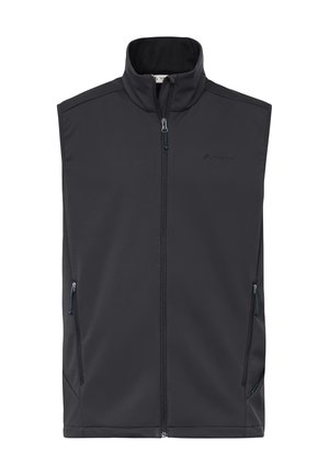 Gilet smanicato in softshell nero con collo alto, zip frontale, tasche laterali con zip e logo del marchio discreto sul petto.
