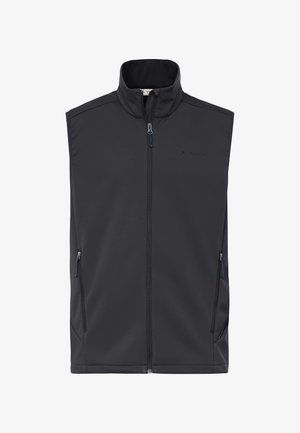 Gilet smanicato in softshell nero con collo alto, zip frontale, tasche laterali con zip e logo del marchio discreto sul petto.
