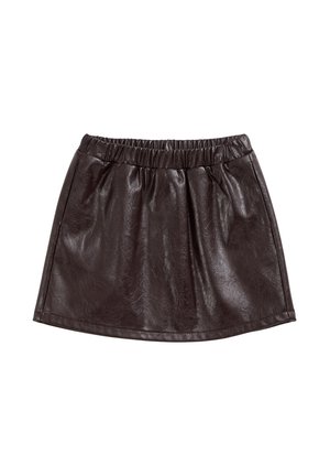 Mini-jupe noire en cuir avec taille élastiquée froncée et léger éclat, présentée à plat sur fond blanc.