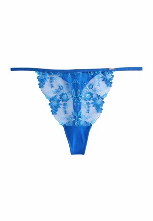 Blue lace thong featuring floral embroidery with sheer mesh sides and a solid satin back. Accented with thin straps.