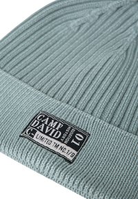 Knit beanie in light blue with ribbed texture. Features a black label with "CAMP DAVID" and limited edition detail.