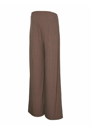 Brown wide-leg pants made from textured material with vertical pinstripes, featuring an elastic waistband. Side view shown.