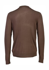 Brun långärmad cardigan med ribbad halsringning och ärmslut. Tillverkad av mjukt tyg, har den en enkel och ren design utan mönster eller accenter.