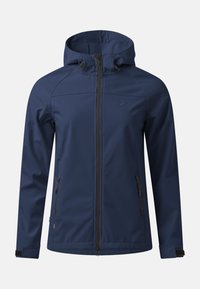 Veste à capuche bleu marine avec fermeture éclair frontale, deux poches zippées et poignets réglables en Velcro, conçue pour une utilisation en extérieur.
