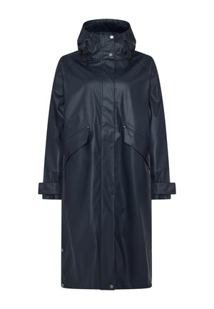 Lange marineblauwe waterdichte regenjas met capuchon, voorste drukknoopsluiting, twee grote schuin geplaatste zakken en verstelbare polsbandjes.
