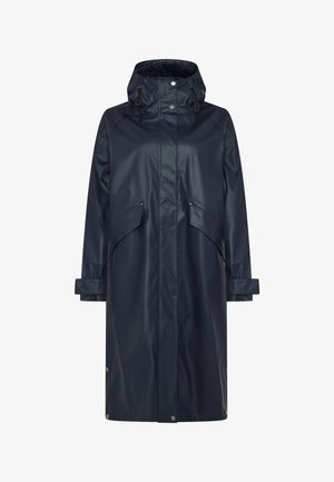 Lange marineblauwe waterdichte regenjas met capuchon, voorste drukknoopsluiting, twee grote schuin geplaatste zakken en verstelbare polsbandjes.