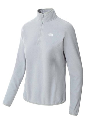 Pull polaire gris clair à manches longues avec demi-fermeture éclair et col montant, avec un petit logo blanc The North Face sur la poitrine.