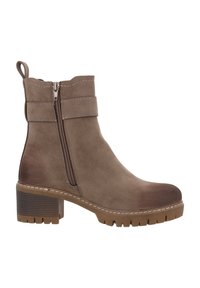 Stivaletti in suede marrone con cerniera laterale, tacco impilato e suola in gomma con un design a raggruppamento. Accentuati da doppie cinghie nella parte superiore.