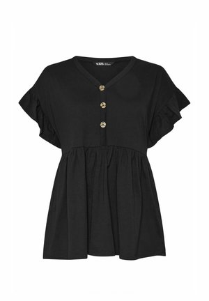 Blouse noire à manches courtes avec col en V, trois boutons marron sur le devant et une taille froncée et ample.