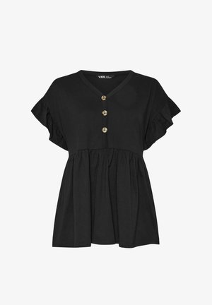 Zwarte blouse met korte mouwen, V-hals, drie bruine knopen aan de voorkant en een geplooide, loszittende taille.