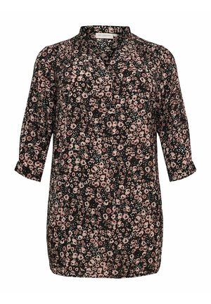 Zwarte blouse met lange mouwen met een kleine roze-witte bloemenprint, V-hals en licht geplooide manchetten.
