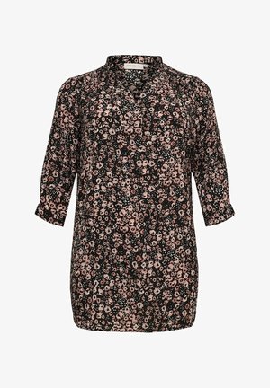 Zwarte blouse met lange mouwen met een kleine roze-witte bloemenprint, V-hals en licht geplooide manchetten.