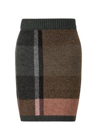 Jupe crayon tricotée longueur genou avec taille et ourlet côtelés, présentant un motif en blocs de couleurs marron, noir, gris et rose.